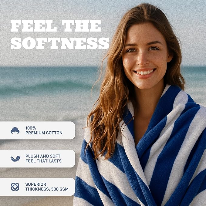 White Classic Stripe Cabana Beach Towels Oversized 2 Pack, Cotton Bath Towel Large - Luxury Plush Thick Hotel Swim Pool Towels for Adults Super Absorbent Quick Dry - 35x70 Mild Navy Blue | 2 Pack