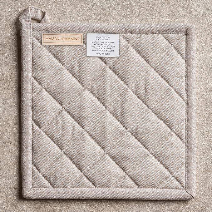 Maison d' Hermine Pot Holders 100% Cotton Heat Resistant Potholders 8" x 8" Hot Pads with Loop BBQ Cooking Baking Gifts for Mothers Day Handling Hot Pans Spring/Summer (Pack of 1, Ibiza - Beige)