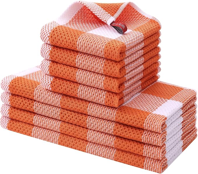 Homaxy Kitchen Towels and Dishcloths Set, 12 x 12 and 13 x 28 Inches, Set of 8 100% Cotton Waffle Weave Check Plaid Kitchen Dish Towels, Super Soft and Absorbent Dish Cloths, White & Orange