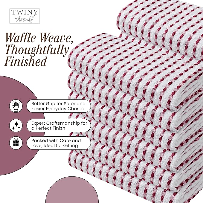 TWINY threads Waffle Weave Dish Towels Set of 4, Premium Cotton 16x26 Kitchen Hand Towel, Super Absorbent, Durable & Reusable Tea Towels for Home, Restaurants & Cafes, Burgundy Wine, White