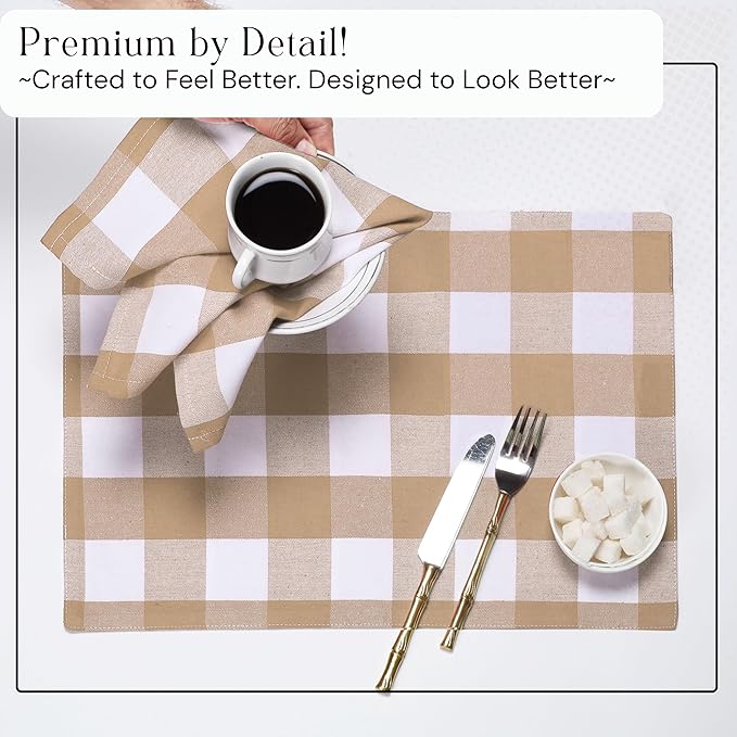 Buffalo Plaid Cloth Napkins, Set of 4, Soft, Durable, Wrinkle Free Fabric Napkins, Checked Napkins for Dinner, Wedding, Restaurant, Buffet, Party, Christmas - Beige, White (16"x16")