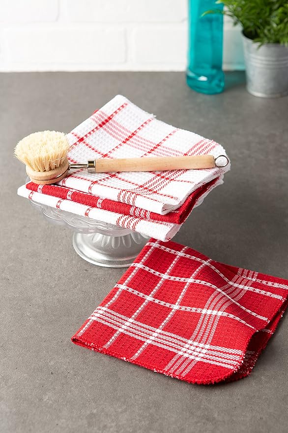 DII Waffle Weave Kitchen Collection, 100% Cotton, Dishcloth Set, Red 12 Piece