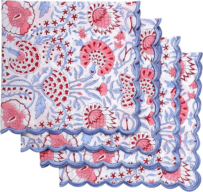 Ridhi Hand Block Print Pigeon Blue 18" x 18" (Set of 4) Embroidery Table Napkins Reusable Cotton Dinner Napkins for Weddings, Parties, Everyday Dining Gift for Spring, Easter, Valentine