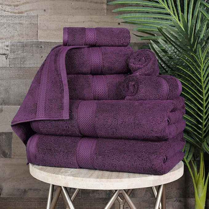 SUPERIOR Egyptian Cotton Pile 8 Piece Towel Set, Includes 2 Bath, 2 Hand, 4 Face Towels/Washcloths, Ultra Soft Luxury Towels, Thick Plush Essentials, Guest Bath, Spa, Hotel Bathroom, Plum