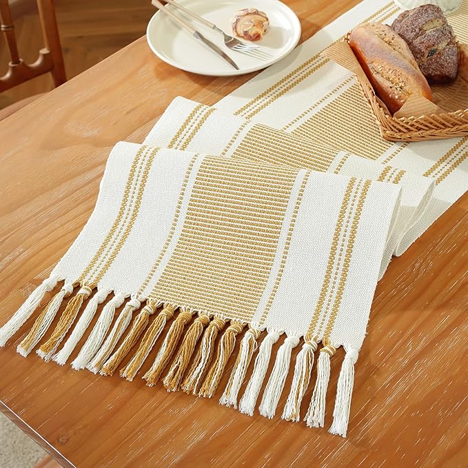 Niviy Gold Table Runner with Tassels, 90 Inches Long Farmhouse Macrame Cotton Linen Woven Runners for Summer Home Decor, Gold Table Decorations for Event Party, Christmas (Yellow, 12"×90")
