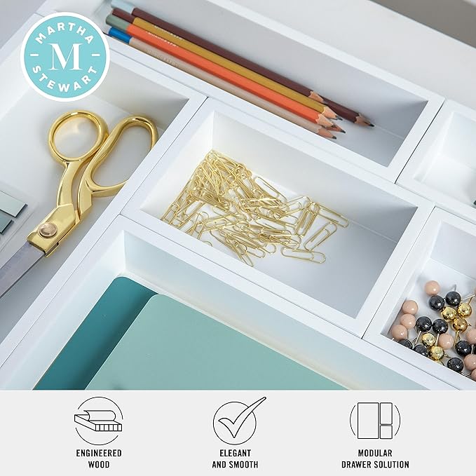 Martha Stewart Enzo Wooden Desk Drawer Organizer Set, Engineered Wood Organizers in Various Sizes, 6 Piece, White