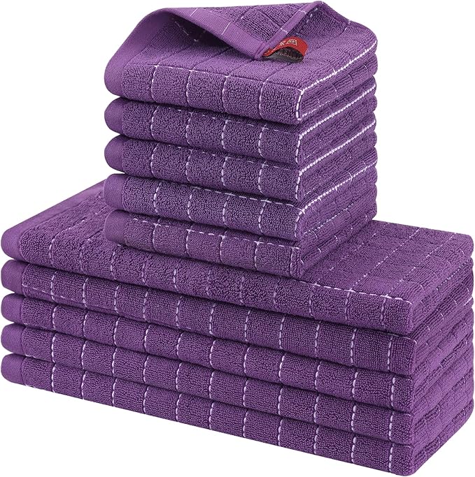 Homaxy Kitchen Towels and Dishcloths Set, 12 x 12 and 13 x 28 Inches, Set of 10 Bulk Cotton Terry Kitchen Towels Set, Checkered Designed, Soft and Super Absorbent Dish Towels, Purple