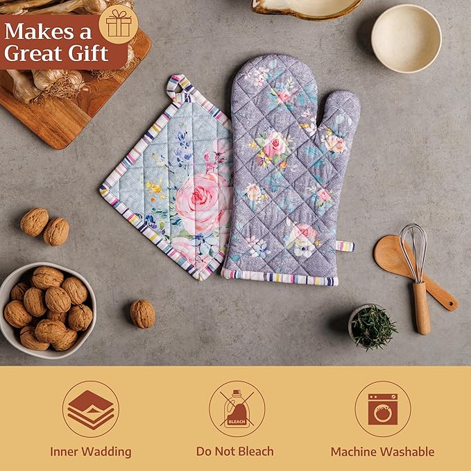 Maison d' Hermine Pot Holders 100% Cotton Heat Resistant Potholders 8" x 8" Hot Pads with Loop Baking Gifts for Mothers Day Handling Hot Pans Spring/Summer (Pack of 2, Sweet Rose Lavender - Lush)