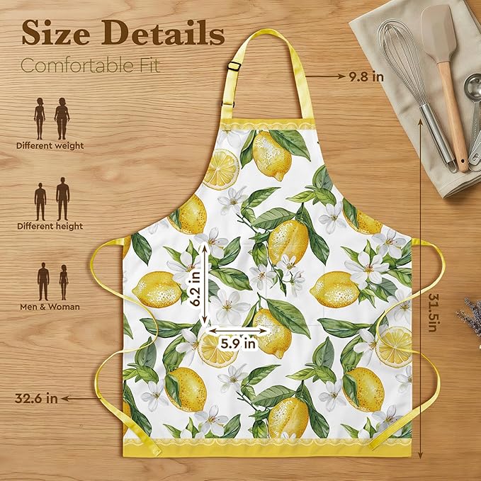 Cute Lemon Apron Gifts for Women, Fresh Citrus Kitchen Apron with Pockets Adjustable, Aesthetics Summer Cooking Baking Apron for Birthday Mother's Day, Lemon Lover Gift for Mom Wife Grandma