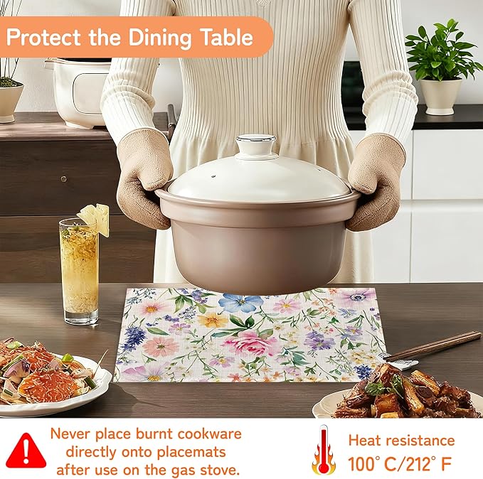 Wildflowers Floral Placemats Set of 6,Plants Waterproof Heat Resistant Dining Table Plate Mat for Home Kitchen Dining Table 12x18Inch