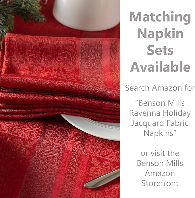 Benson Mills Ravenna Yarn Dyed Jacquard Heavyweight Fabric Table Cloth, Everyday, Parties, Weddings, Holiday, Winter and Christmas Tablecloth (70" Round, Red)