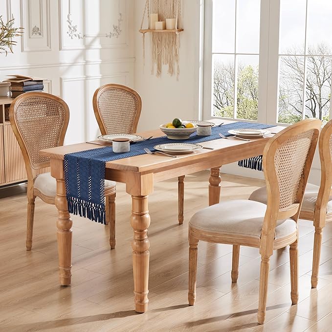 ZeeMart Macrame Style Boho Table Runner, Navy Table Runners 108 Inches Long, Farmhouse Woven Home Decor, 12x108 Inch, Navy Blue