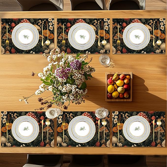 6 Pcs Placemats,Retro Mushroom Placemats,Daisy Table Mats Washable Recyclable Table Placemat for Indoor Outdoor Heat Resistant Kitchen Dining 12"x18"