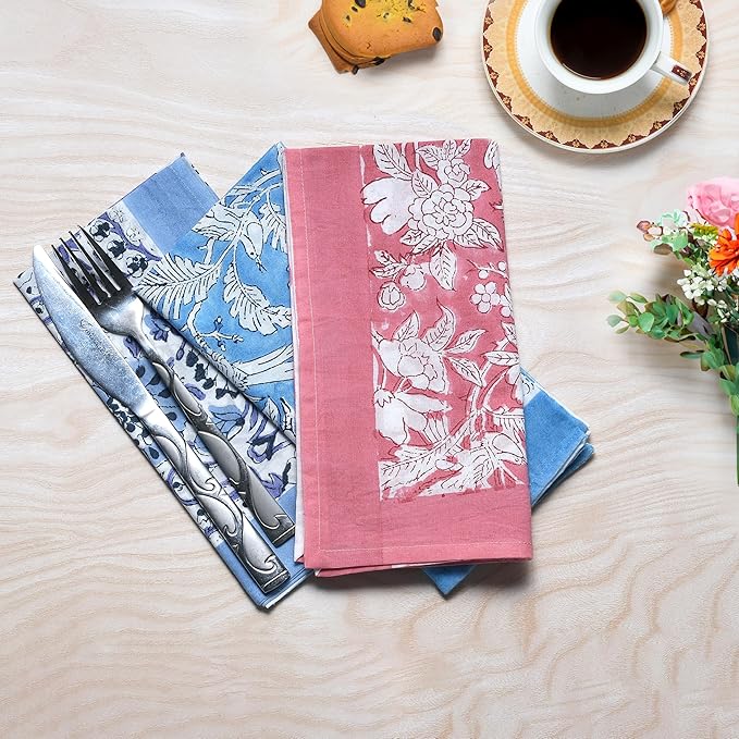 CPC Mix Border Indian Block Print Cotton Cloth Napkins Set of 4, 18x18 Reusable Everyday Napkins, Soft, Absorbent, Floral Dinner Napkin, Holiday, Party Gift, Spring,Mother's Day