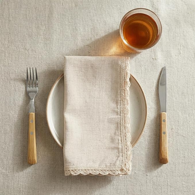 Flax Lace Cloth Dinner Napkins Set of 4 Natural - 20x20 Inches, Premium Cotton Linen Reusable Dinning Table Napkin Ideal for Spring, Easter, Birthday | Washable Everyday Use Napkin for Banquet Event