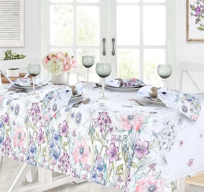 Newbridge Garden Breeze Square Fabric Tablecloth, 52 x 52 Inch, Easy Care and Stain Resistant Fabric Table Cloth for Holiday Party Dining, Sweet Pastel Floral