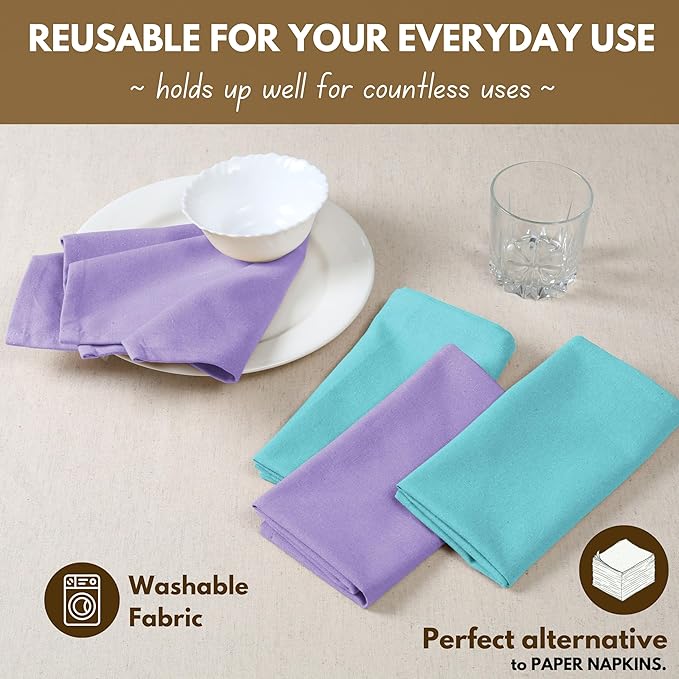 Native Fab Easter Cloth Napkins, 4 Pack, 100% Cotton, 17x17 Inches, Heavy Duty, Soft Texture, Quick Drying, Great for Spring Decor, Family Gatherings, Tea Party, Dinner, Ocean Blue & Lavender