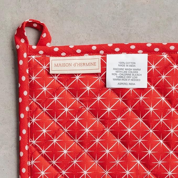 Maison d' Hermine 100% Cotton Oven Mitt & Pot Holder Set (7.5"x13" & 8"x8") Heat Resistant BBQ Cooking Gloves with Loop for Thanksgiving Christmas Decorations Handling Hot Pans (Poinsettia Christmas)