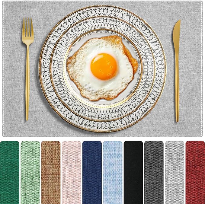 Cloth Placemats Set of 4, Cotton Linen Blend Machine Washable Double Layered Durable Place Mats Heat Resistant Placemats Wrinkle Free Thick Fabric Dining Table Mats (Light Grey, 4)