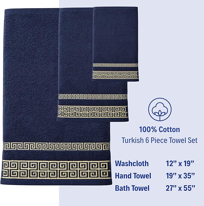 Premium Soft Cotton 6 Piece Towel Set with Greek Key Design – 2 Bath Towels 2 Hand Towels 2 Washcloths, Ultra Absorbent & Quick Dry Turkish Towels for Bathroom, Navy Blue Towel Sets G04
