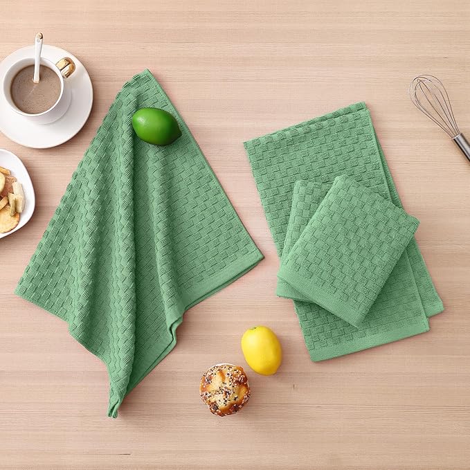 Homaxy 100% Cotton Kitchen Towels and Dishcloths Set, 12 x 12 & 15 x 25 Inches, Set of 8 Bulk Terry Cloth Dish Towels, Super Soft and Absorbent Hand Towel with Hanging Loop, Grass Green