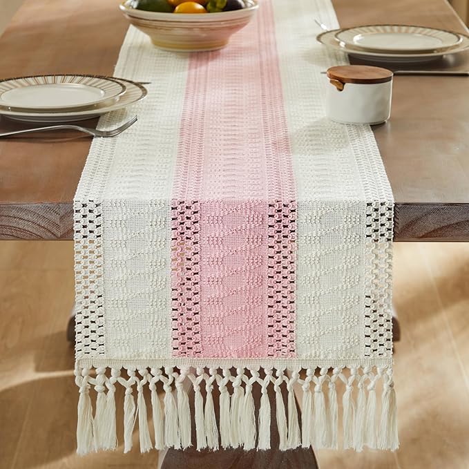 ZeeMart Macrame Style Bicolor Stitching Table Runner, 14 x 108 Inch Light Pink/Ivory, Boho Pink Table Runners 108 Inches Long, Farmhouse Woven Home Decor