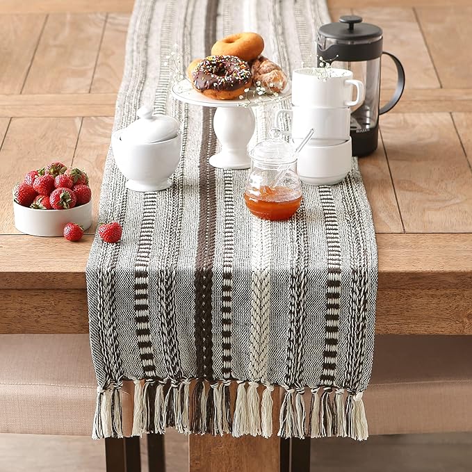 DII Farmhouse Braided Stripe Table Runner Collection, 15x72 (15x77, Fringe Included), Dark Brown
