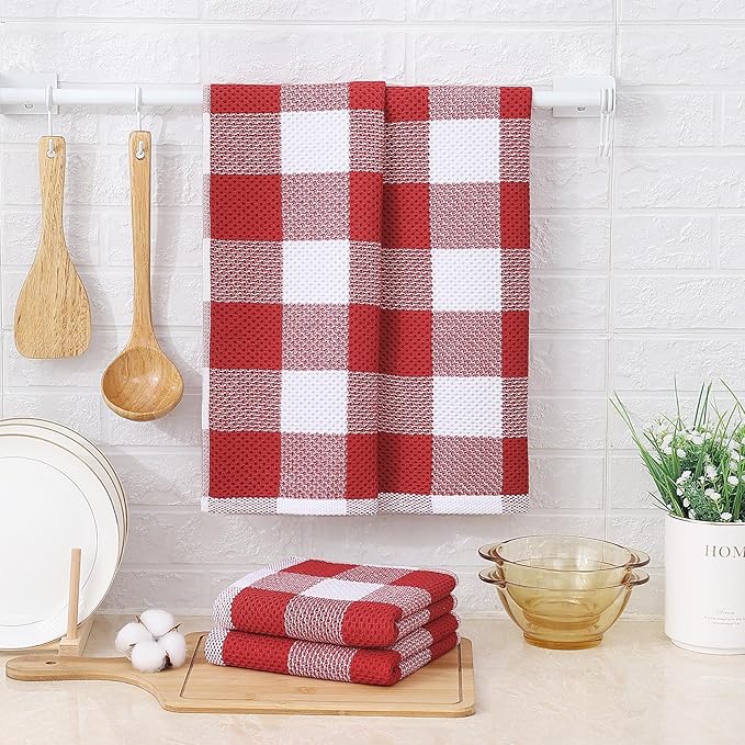 Mordimy 100% Cotton Waffle Weave Kitchen Towels, 13 x 28 Inches, Super Soft and Absorbent Buffalo Check Dish Towels for Drying Dishes, 4-Pack, Red & White
