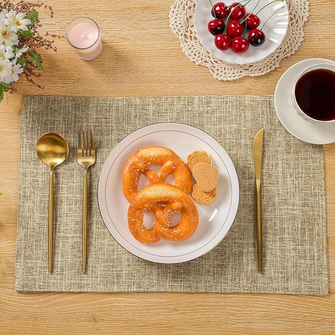 SHACOS Fabric Placemats Set of 4 Washable Heat Resistant Place Mats Non Slip Double Layer Thickened Rustic Farmhouse Table Mats Indoor Outdoor, Khaki