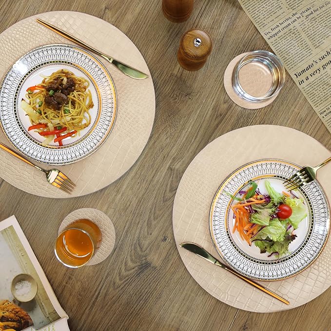 Jovono Round Leather Placemats for Round Tables Set of 6, Beige Place Mats and Coasters, Wipeable Waterproof Heat Resistant Table Mats Easy to Care for Indoor Decor 14 inch Diameter