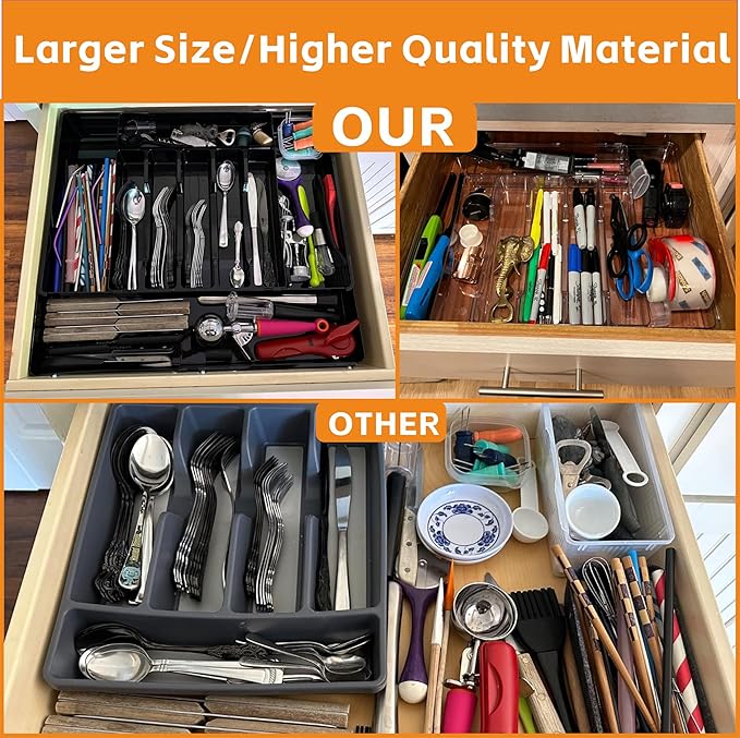 Yieach Black Expandable Silverware Drawer Organizer - Adjust From 11'' to 22'' - Knife,Cutlery,Spoons and Forks Organizer,Large 8 Grid Flatware,Silverware Tray,Utensil Organizer for Kitchen Drawers