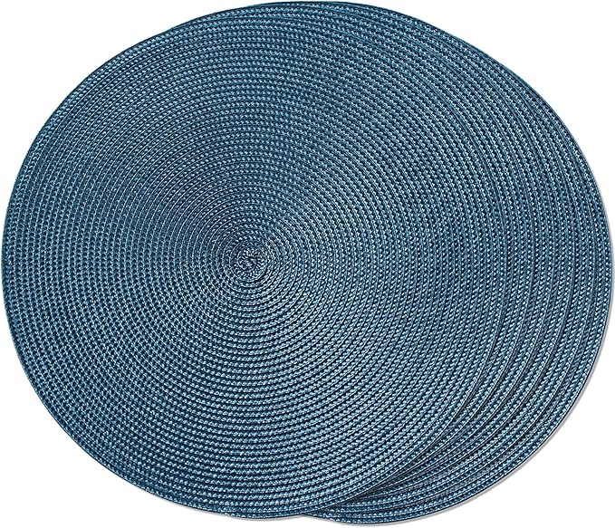 FunWheat Round Braided Placemats Set of 6 Table Mats for Dining Tables Woven Washable Non-Slip Place mats 15 in(Blue, 6pcs)