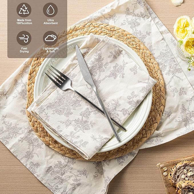 100% Cotton French Pastoral Kitchen Towels Set of 2, Decorative Flour Sack Tea Towels with Hanging Loop 18x25 Inch Absorbent Dish Cloths Farmhouse Home Decor, Grey