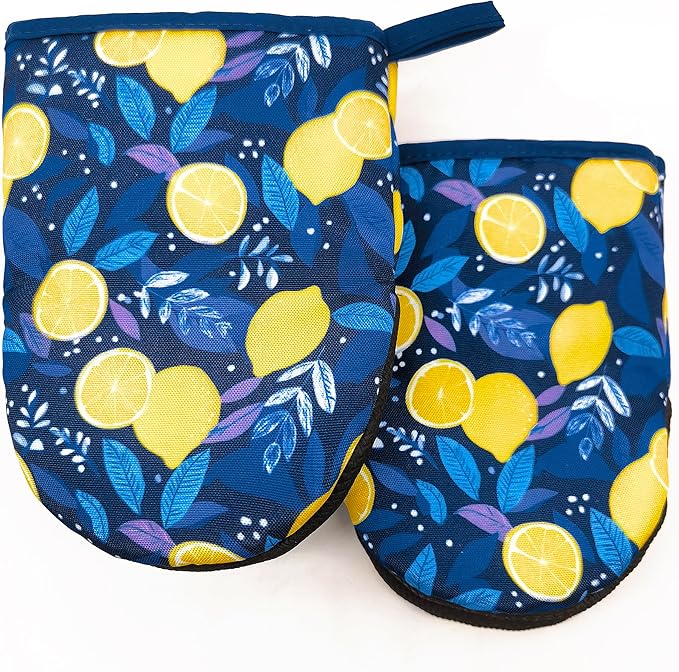 Lemon Oven Mitts, High Heat Resistant Kitchen Oven Gloves, Mini Silicone Oven Mitts, Non-Slip Grip Surfaces and Hanging Loop for Grilling, Baking, Cooking and Microwave, Gift
