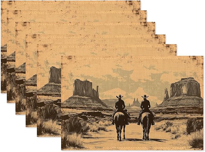 Vintage Western Cowboy Placemats Set of 6,Waterproof Heat Resistant Dining Table Plate Mat for Home Kitchen Dining Table 12x18Inch