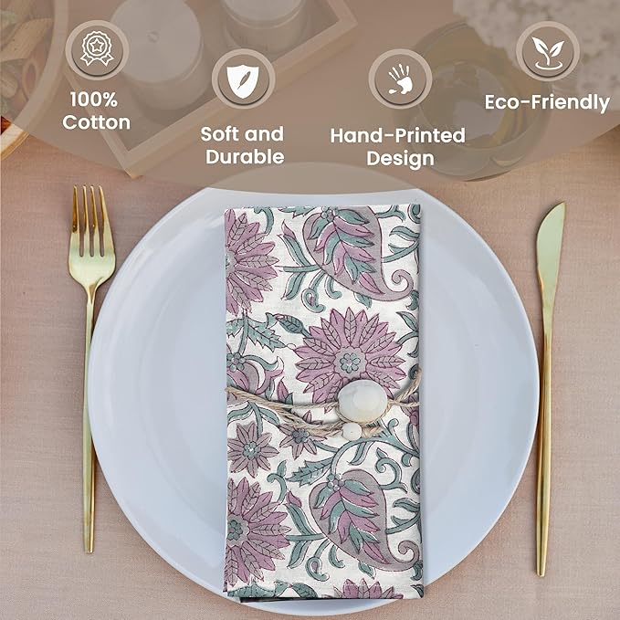 CPC Cloth Napkins 100% Cotton Set of 4 Reusable Napkins, Indian Block Print Toile Floral Dinner Napkin, Fall Thanksgiving Christmas Holiday Party Gift - Soft Absorbent Napkin, 18"x18" Lavendar Flower