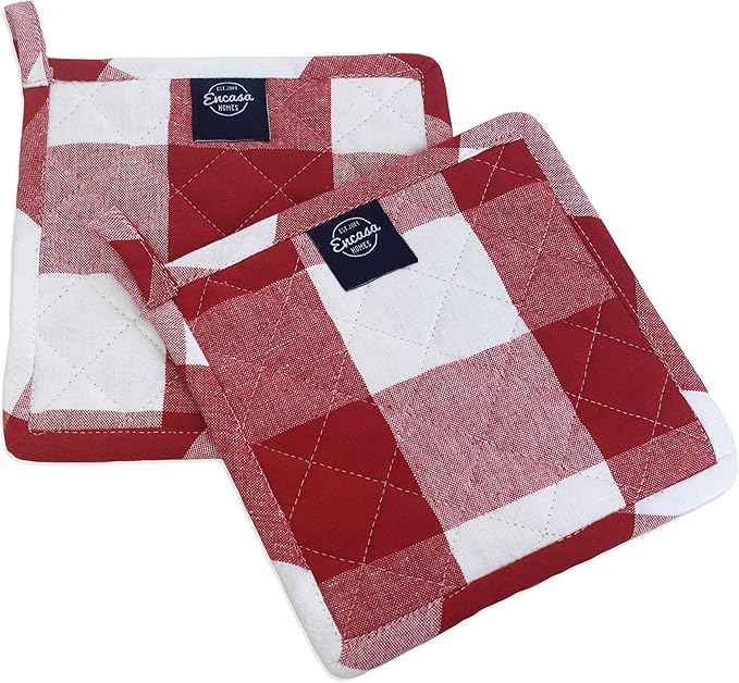 Encasa XO 8 inches Oven Microwave Potholders (2 pc Set) for Kitchen Cooking & Baking - Heat Resistant, Thick & Safe, Protection of Hands from Hot Utensils - Buffalo Red Checks