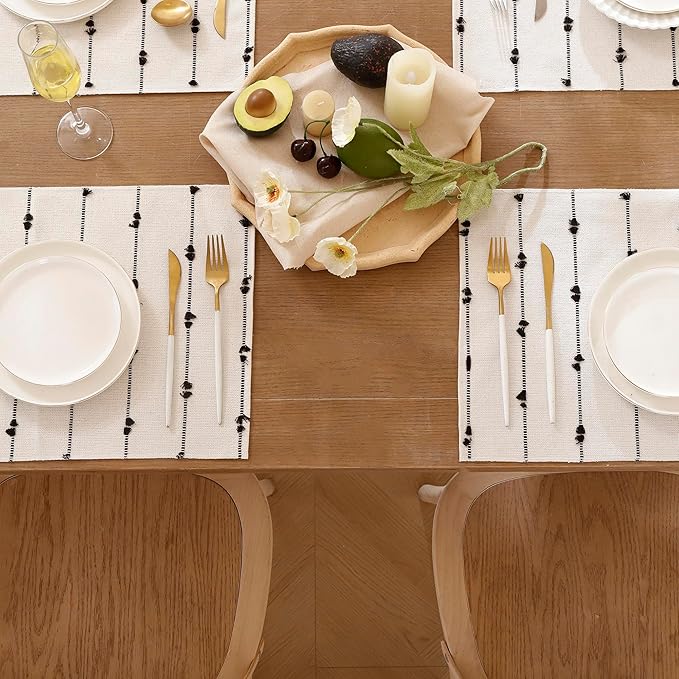 Farmhouse Placemats 13 x 19 Inch Set of 6 for Dining Table Decor Woven Cloth Place Mats for Boho Rustic Kitche Spring Home Decor Cotton Placemats Black and Beige Table Mats