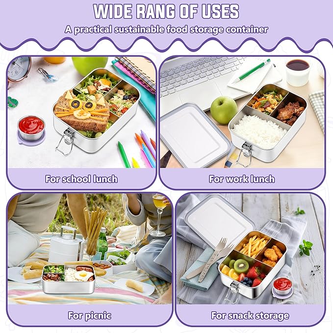 HaWare Lunch Box, 29oz (850ML) Stainless Steel Bento Box with Condiment Container and Carrying Bag, 3 Compartment Food Container for Kids and Adults, Leak-Proof Metal Snack Box, Dishwasher Safe