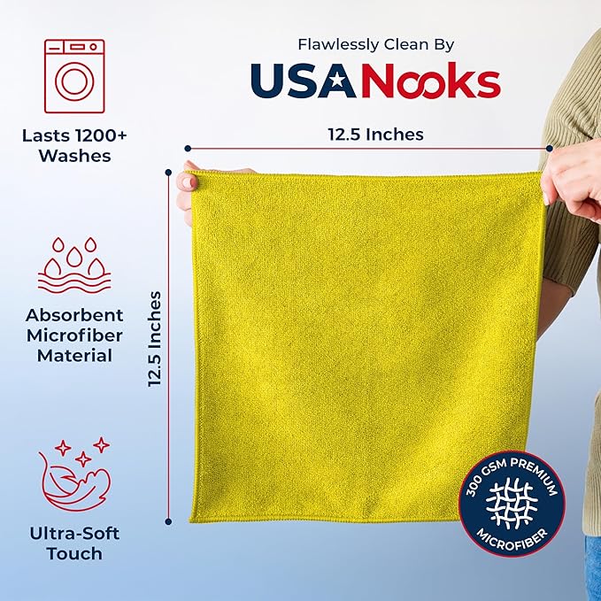 USANOOKS Microfiber Cleaning Cloth Yellow - 8 Pcs 12.5"x12.5" - High Performance - 1200 Washes, Ultra Absorbent Towels Weave Grime & Liquid for Streak-Free Mirror Shine - Car Washing Cloth