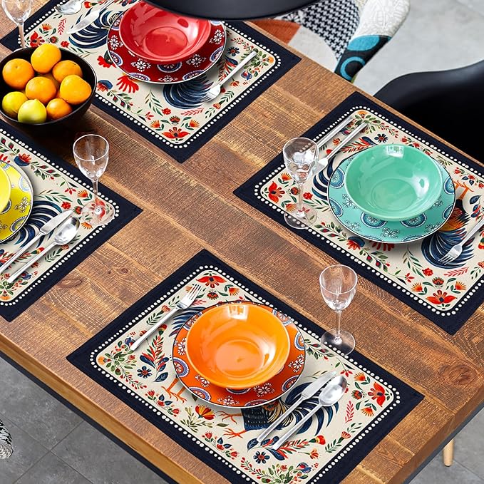 Vintage Rooster Placemats Set Farmhouse Chicken Linen Table Mat Washable Place Mats for Dining Kitchen Party Decor