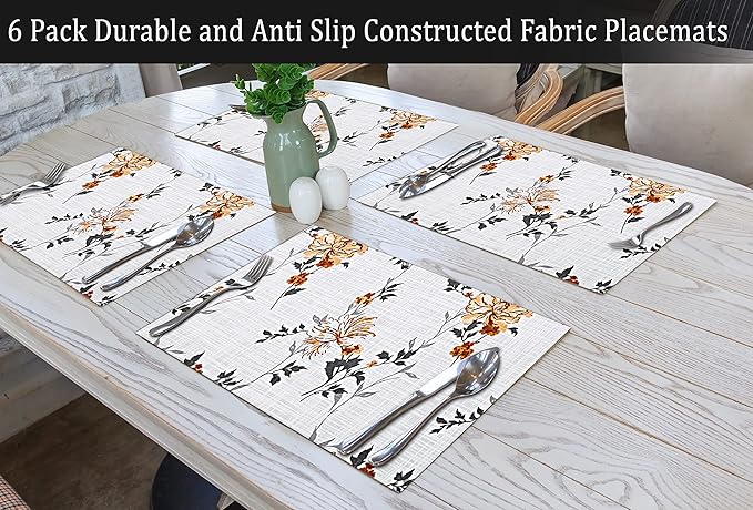 Ruvanti Placemats 100% Cotton 13x19 Inch, Dining Table Placemats Set of 6, Modern Place Mats for Dining Table Decor, Kitchen & Table Linens, Coffee Mat for Christmas Dinners - Grey Floral