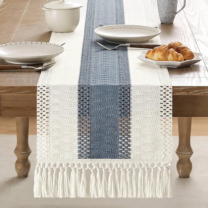 ZeeMart Macrame Style Bicolor Stitching Table Runner, 14 x 72 Inch Navy/Ivory, Boho Navy Blue Table Runners 72 Inches Long, Farmhouse Woven Home Decor