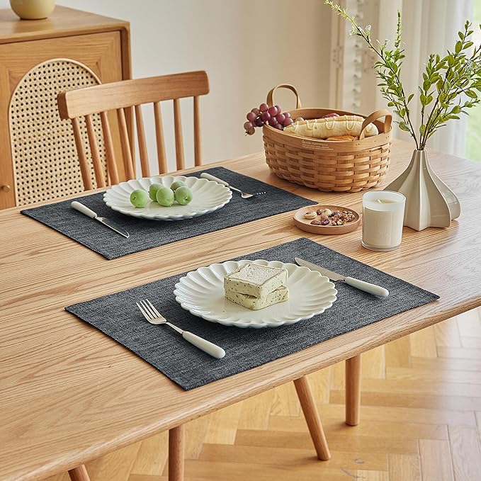 Softalker Faux Linen Placemats Set of 8-12 x 18 Inch, Heat Resistant Double Layered Durable Burlap Farmhouse Place Mats, Non-Slip Washable Rustic Table Mats for Dining, Kitchen, Party（Dark Grey
