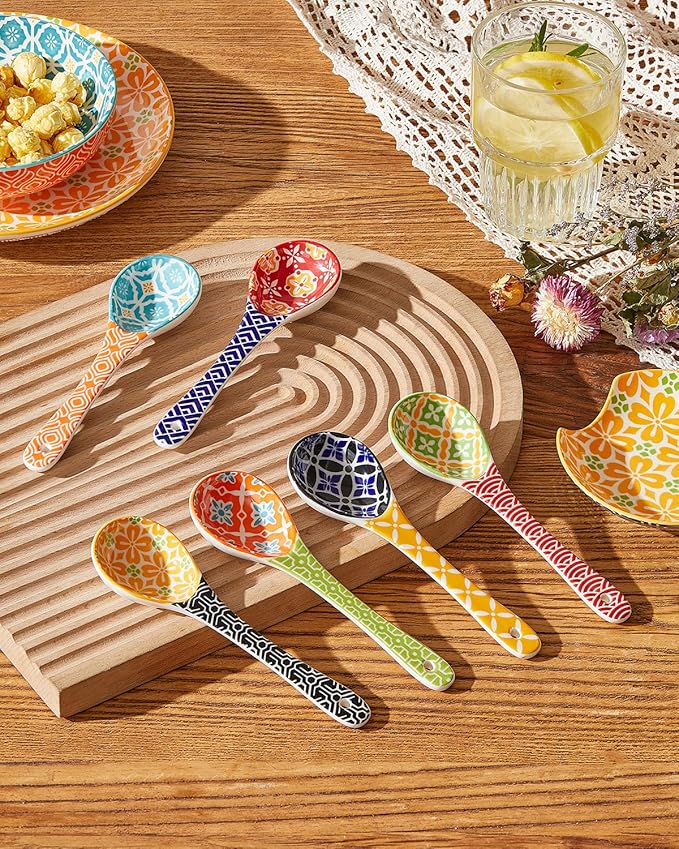 Metahom Ceramic Small Serving Spoons, Colorful Soup Spoon Set for Cereal, Yogurt, Dips, Ice Cream, Ramen, Dishwasher & Microwave Safe, Cute Decorative Spoon Set of 6