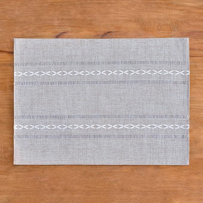 Wracra Cotton Linen Placemats, 12 x 18 Inch Set of 8 Placemats Rustic Hemstitch Place Mats for Kitchen Table and Heat Resistant-Hemstitch Grey