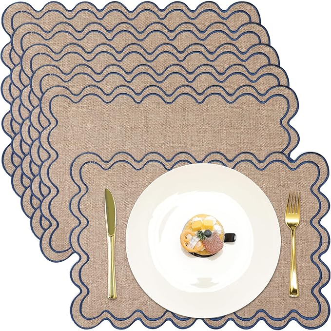 HunnmingRe Set of 6 Cotton Linen Placemats, 13x19 Inch Scalloped Wavy Embroidery Placemat Double Layered Washable Rustic Rectangle Dinner Table Mats for Wedding Home Decor(Linen with Blue)