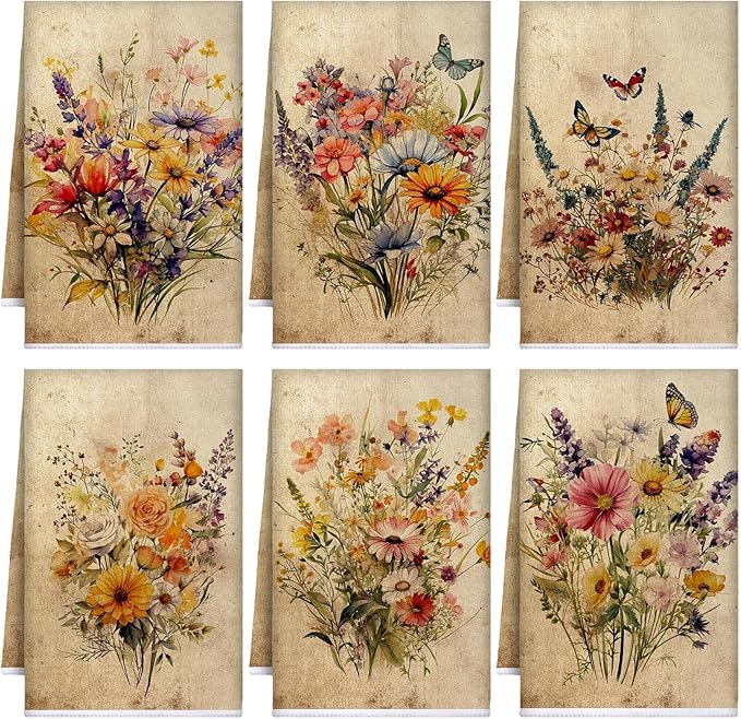 Bencailor 6 Pcs Wildflowers Kitchen Towels Decorative Sets Dish Towels Absorbent Fast Drying Hand Tea Vintage Hanging Reusable Cleaning Dishcloths for Cooking Farmhouse Bathroom Accessory