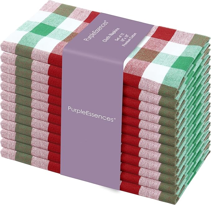 PurpleEssences Buffalo Plaid Cloth Napkins - Mitered Corners - Spring Easter Summer - Gingham Check Dinner Napkin - Set of 12-100% Cotton - 18x18 Inch - Reusable Washable - Red Green White