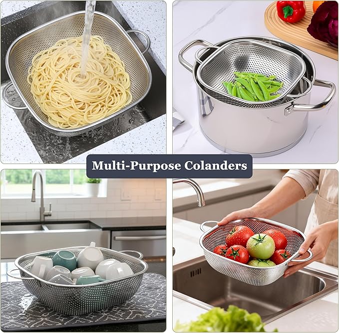 E-far 3 Pack Colander for Kitchen, Square Stainless Steel Metal Strainer Colander with Handle for Draining Food Pasta Vegetable, Micro-Perforated & Elevated Feet, Dishwasher Safe(2.4/4/6QT)
